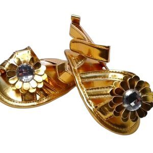 Little Me Baby Girl Sandals Sz 3 Infant Gold Straps Flower Rhinestone Velcro NEW
